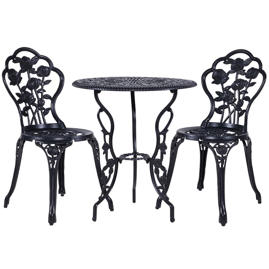 Gardeon 3PC Outdoor Setting Cast Aluminium Bistro Table Chair Black 1015