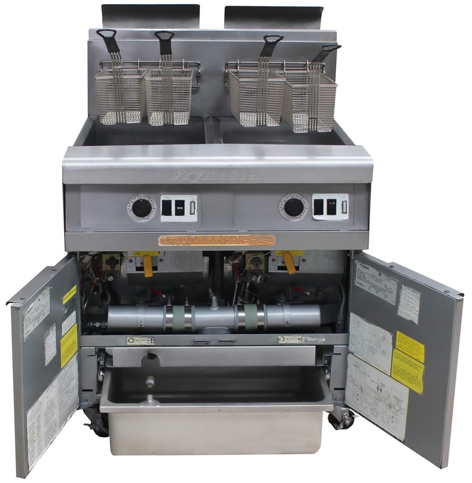 FRYMASTER GAS DOUBLE PAN DEEP FRYER WITH OIL FILTRATION SYSTEM, QUA