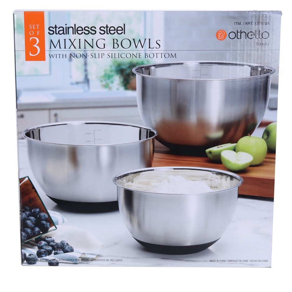 OTHELLO Stainless Steel Mixing Bowls w/ NonSlip Silicone Bottom, 3pc Set. Auction
