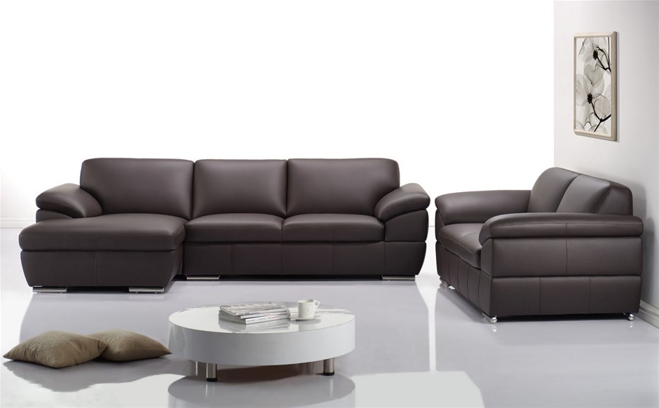 Black Leather Lounge Suite 2.5 Seater Chaise Lounge + 2 Seater Auction
