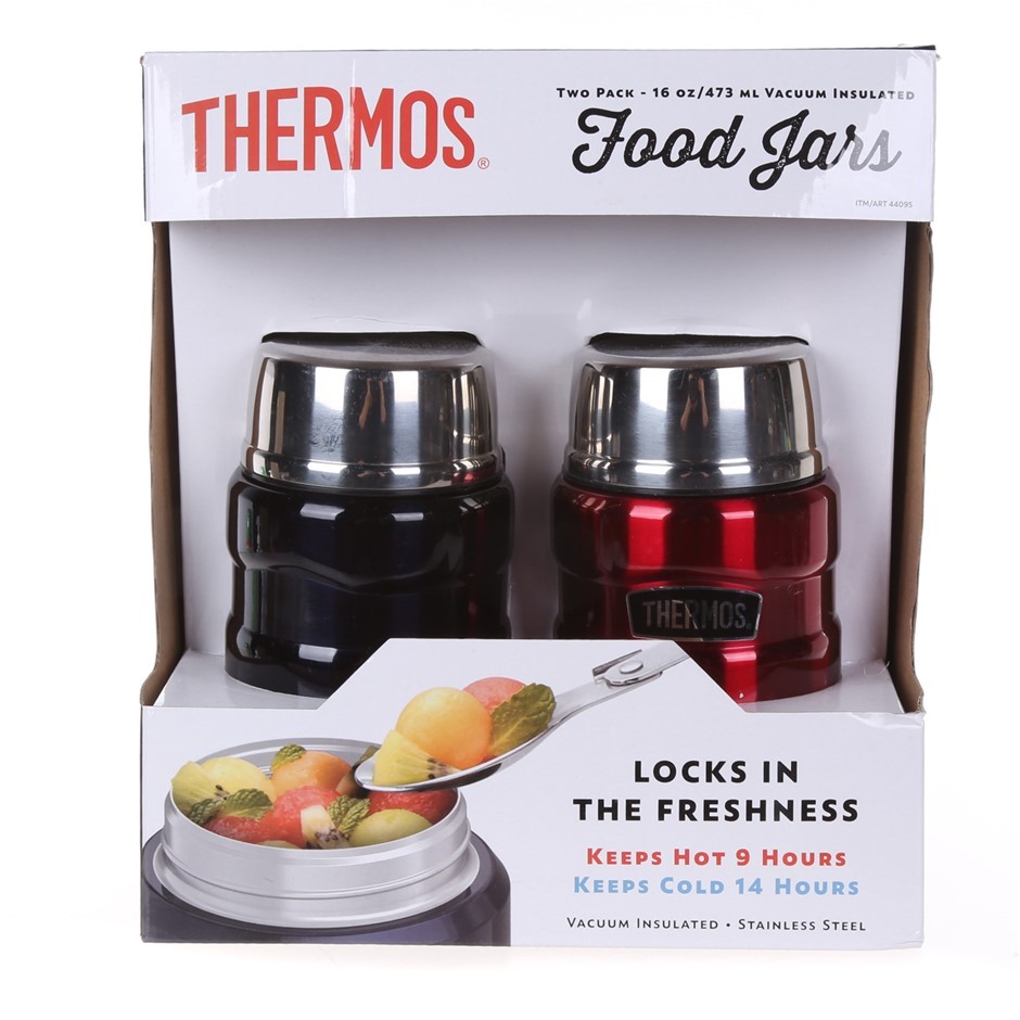 THERMOS 2pc Vacuum Insulated Food Jars With Spoons, 473mL, Black & Red.
