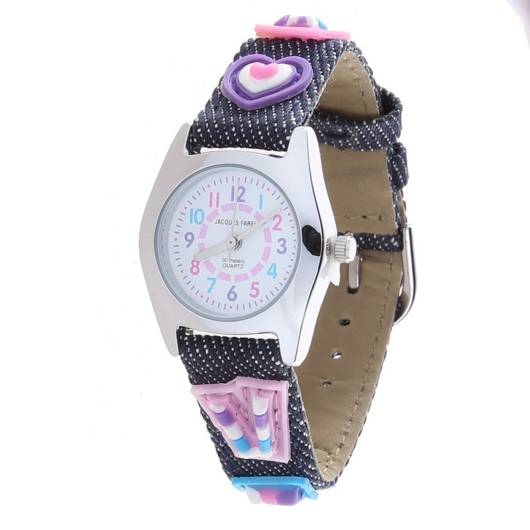 JACQUES FAREL Kid's Stainless Steel Wrist Watch w/ Denim LOVE Band, Water R