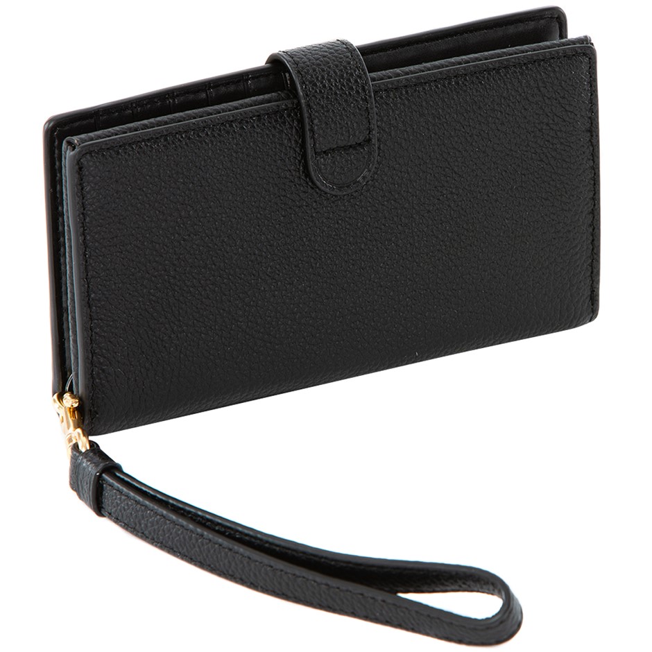 black leather wristlet clutch