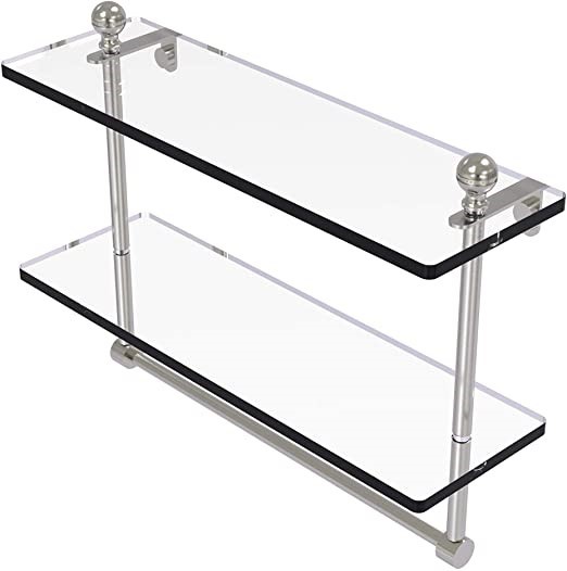 ALLIED BRASS 16" Double Shelf with Towel Bar Satin Nickel, MA-2/16TH-SN-P.