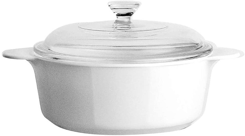 CORNINGWARE 3431 Stovetop Pyroceram Round Covered Casserole, 1.25L, White.