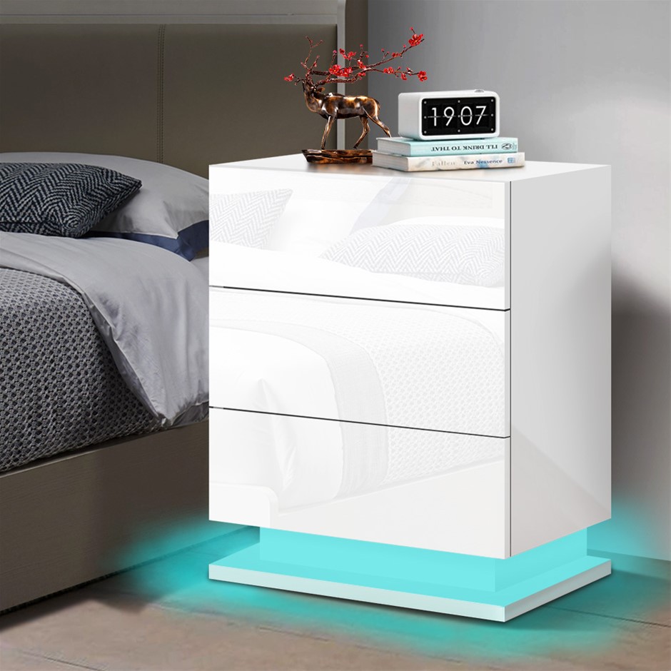 ALFORDSON Bedside Table RGB LED Nightstand 3 Drawers High Gloss White