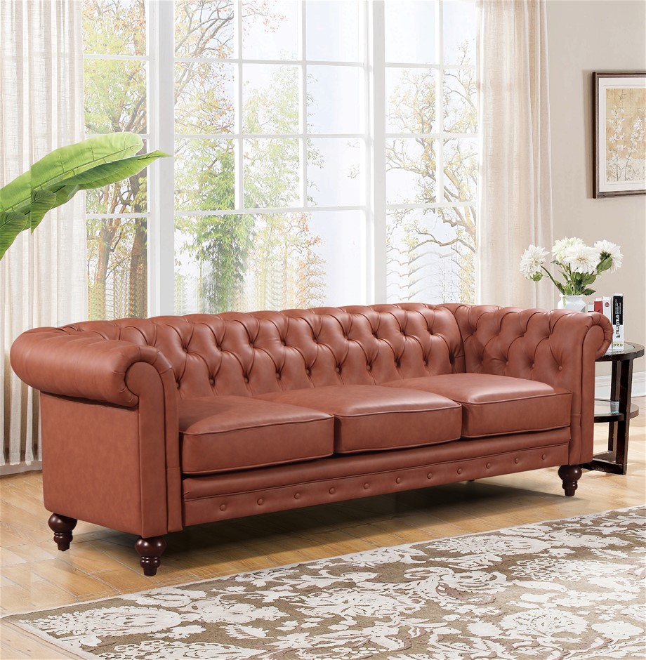 Buy 3 Seater Brown Sofa Lounge Chesterfireld Style Button in Faux ...