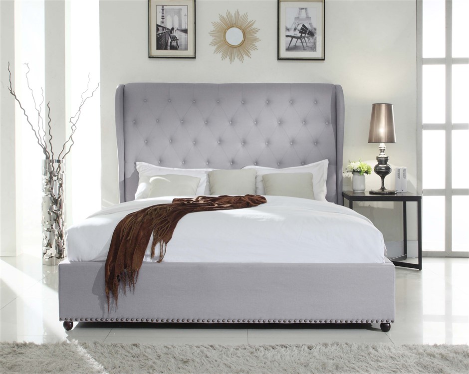 Bed Frame King in Grey Fabric Upholstere