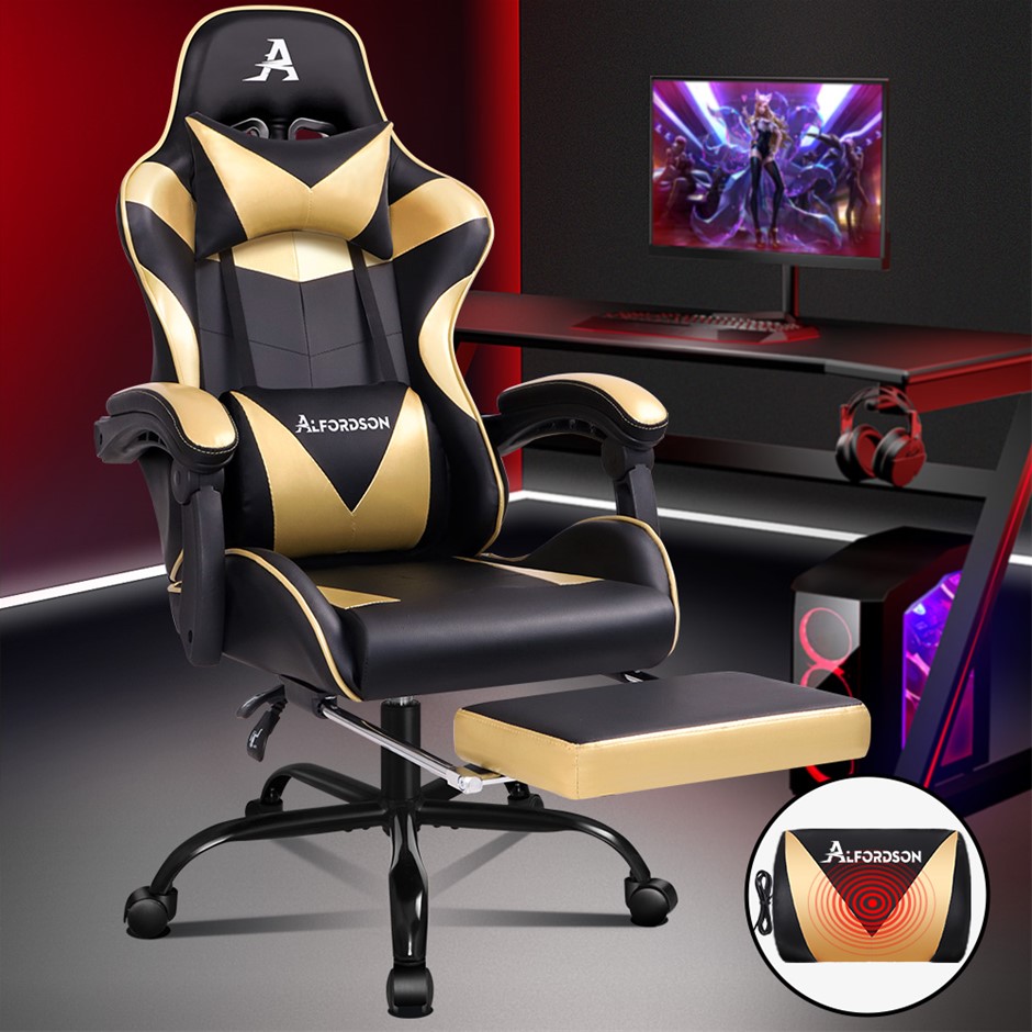 Buy Gaming Chair Lumbar Massage Office Racing Seat PU Leather Gold