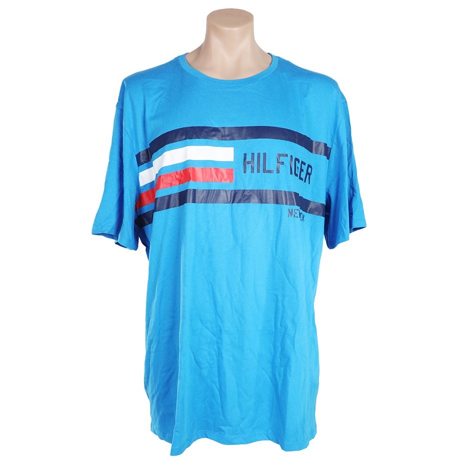TOMMY HILFIGER Men's Logo Stripe Tee, Size XL, Cotton, French Blue. Buyers