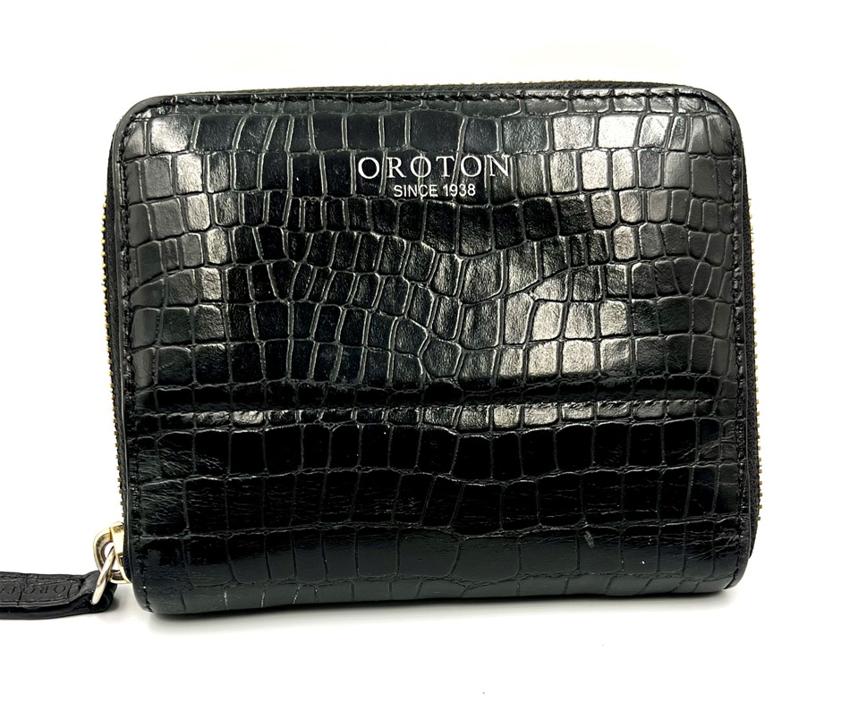 Oroton embossed black leather zip around wallet with blue lining