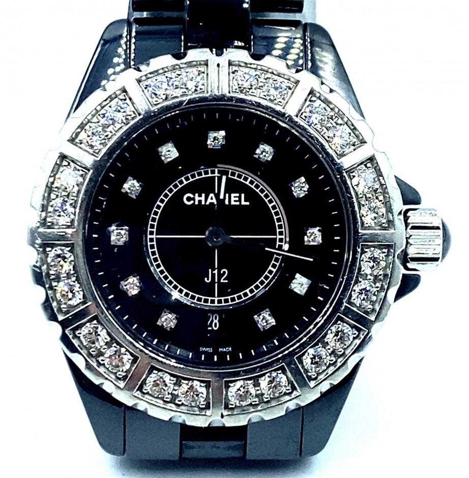 Lot - Chanel J12 Black Ceramic YG Diamond Watch