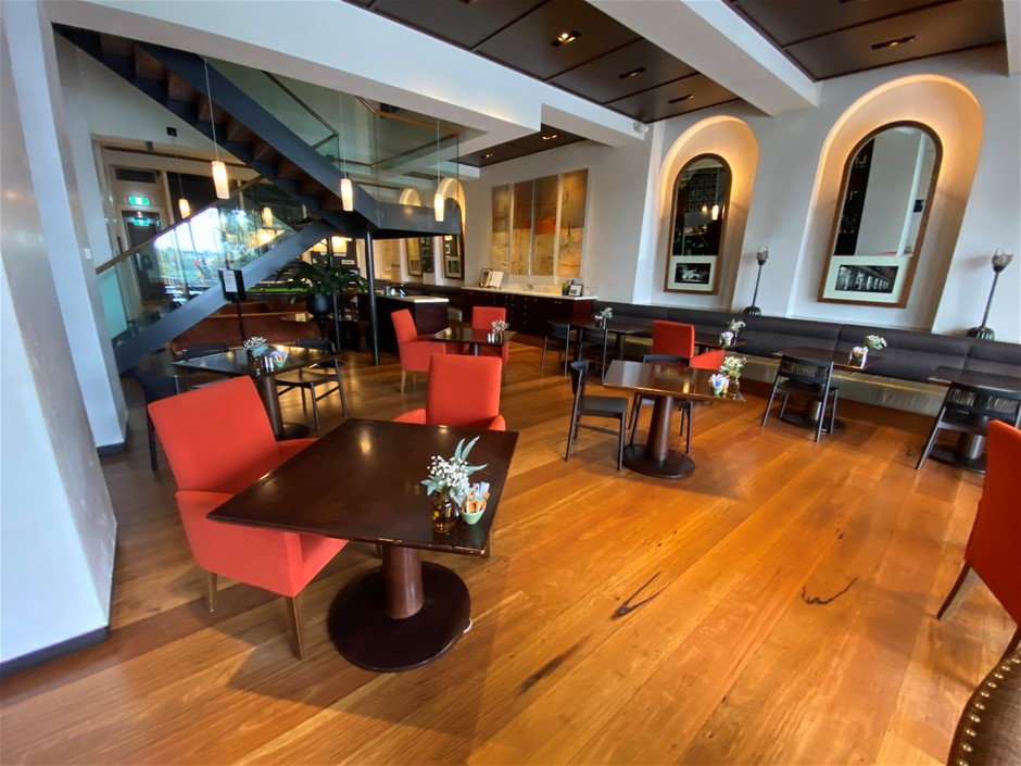 Restaurant Furniture 8 red chairs, 30 black chairs & 11 wooden tables