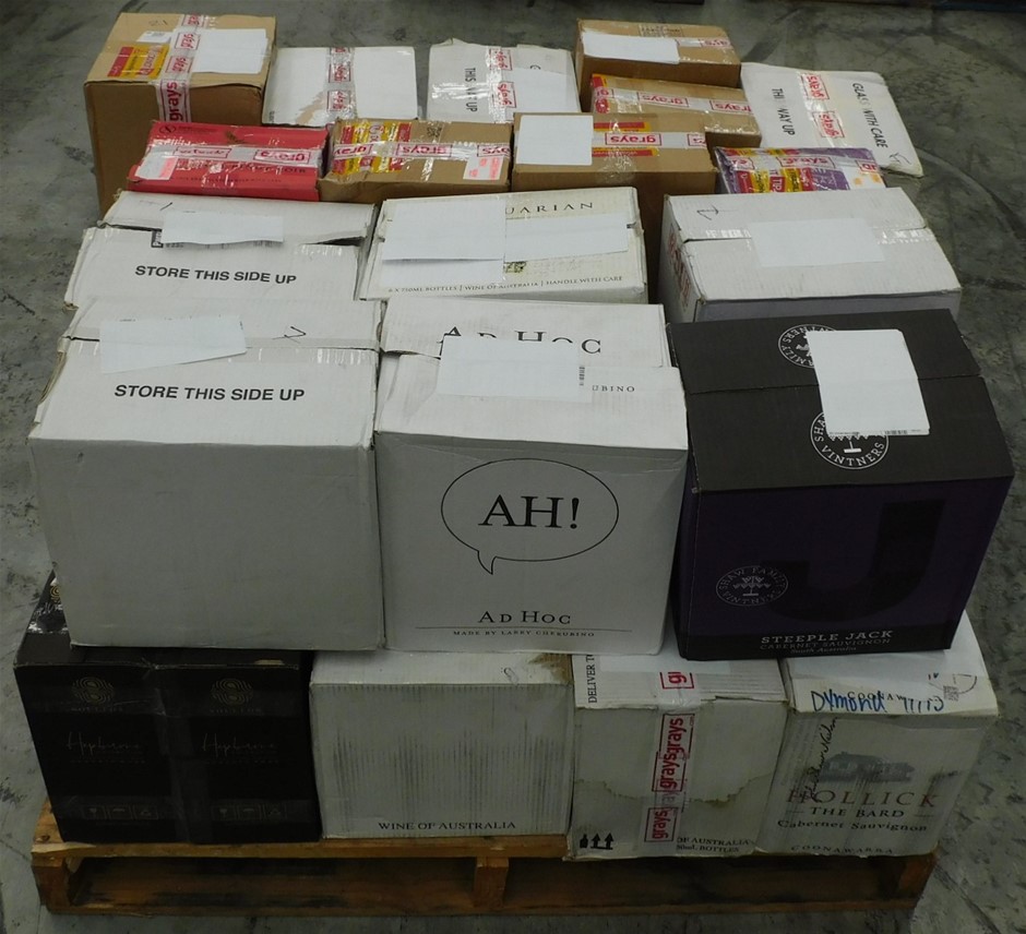 Pick Up Pallet of Wine Approx 32 Assorted Cartons of Wine & 24 Cans of