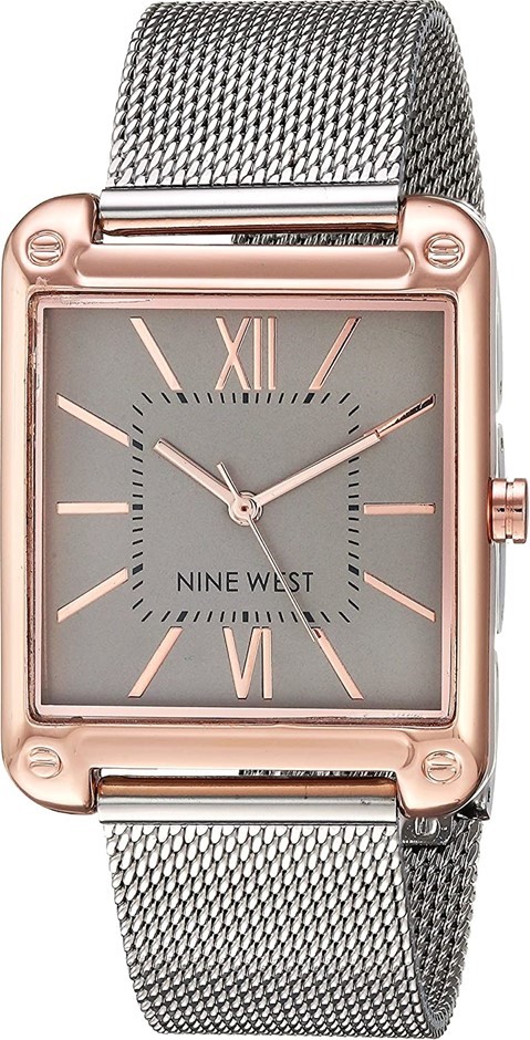 NINE WEST Women's 29mm Analog Quartz Watch, Rose Gold-tone Dial, Mesh Stain