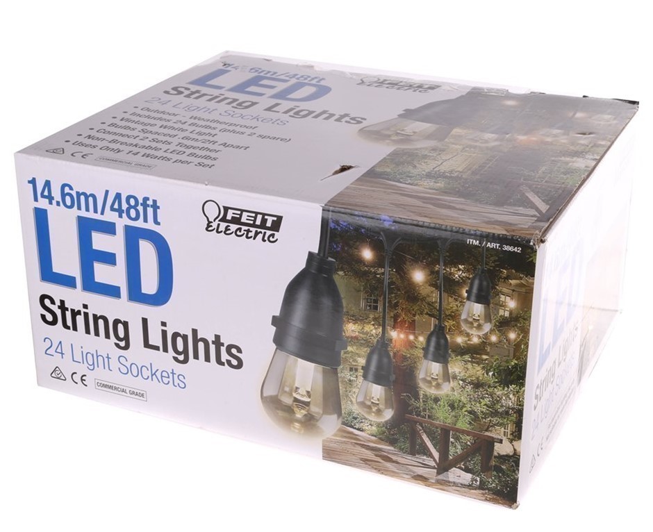 FEIT ELECTRIC 14.6M LED String Lights with 24 x Light Sockets. Auction