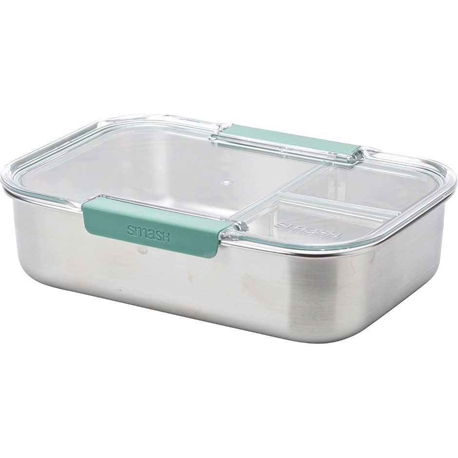 2 x SMASH Stainless Steel Bento Lunch Box, 3 Compartments, Sage, 1200ml ...