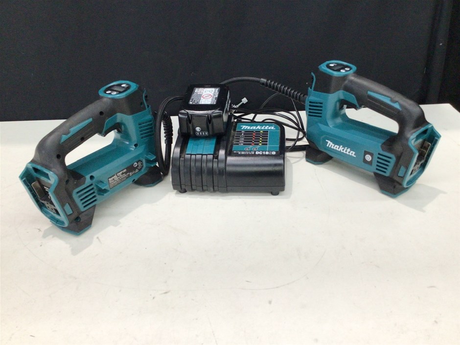 2 x Makita DMP180 Cordless Inflators with 1 x Charger and 1 x Battery