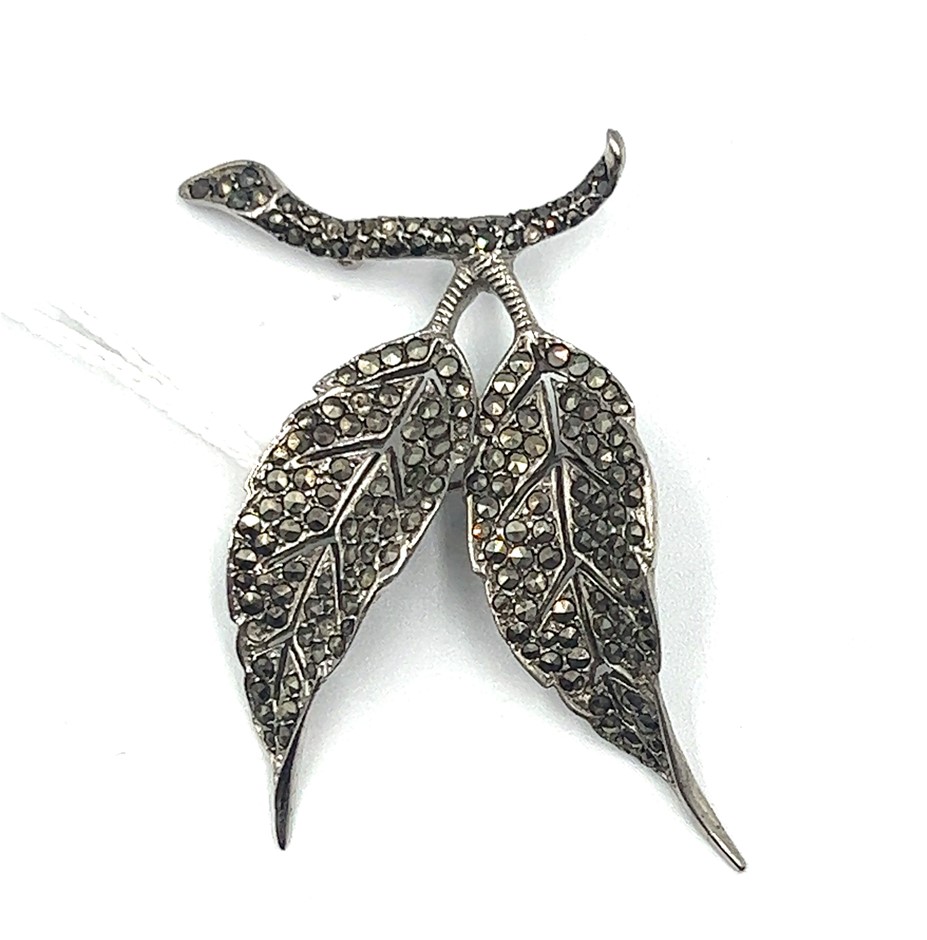 Vintage Marcasite 2 Leaf Sterling Silver Brooch Auction (00562552912