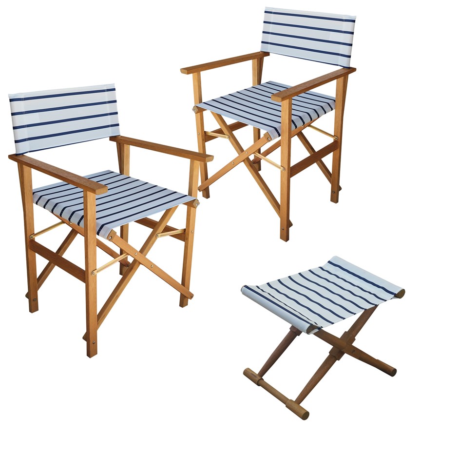 TEMPLE Belize 3pc Wooden Outdoor Director Chair With Footstool, Navy