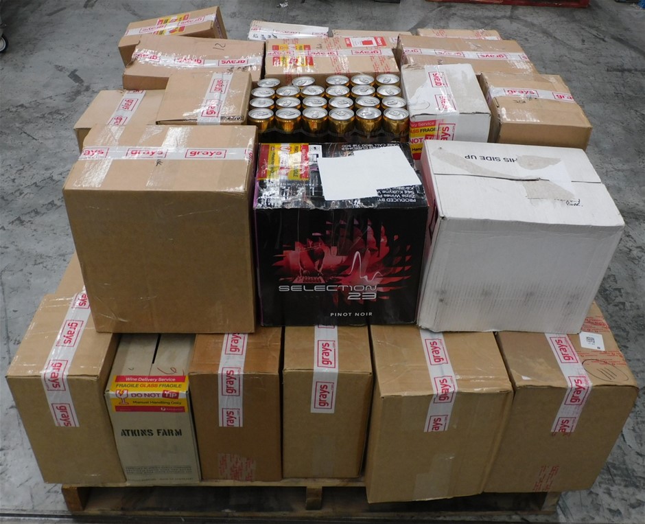 Pick Up Pallet of Wine Approx 31 Assorted Cartons of Wine & 23 Cans of
