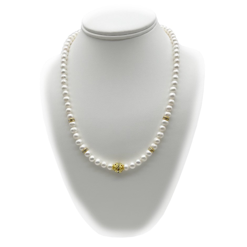 7-8mm White Freshwater Pearls & Rhinestone Gold Plated Necklace Auction ...