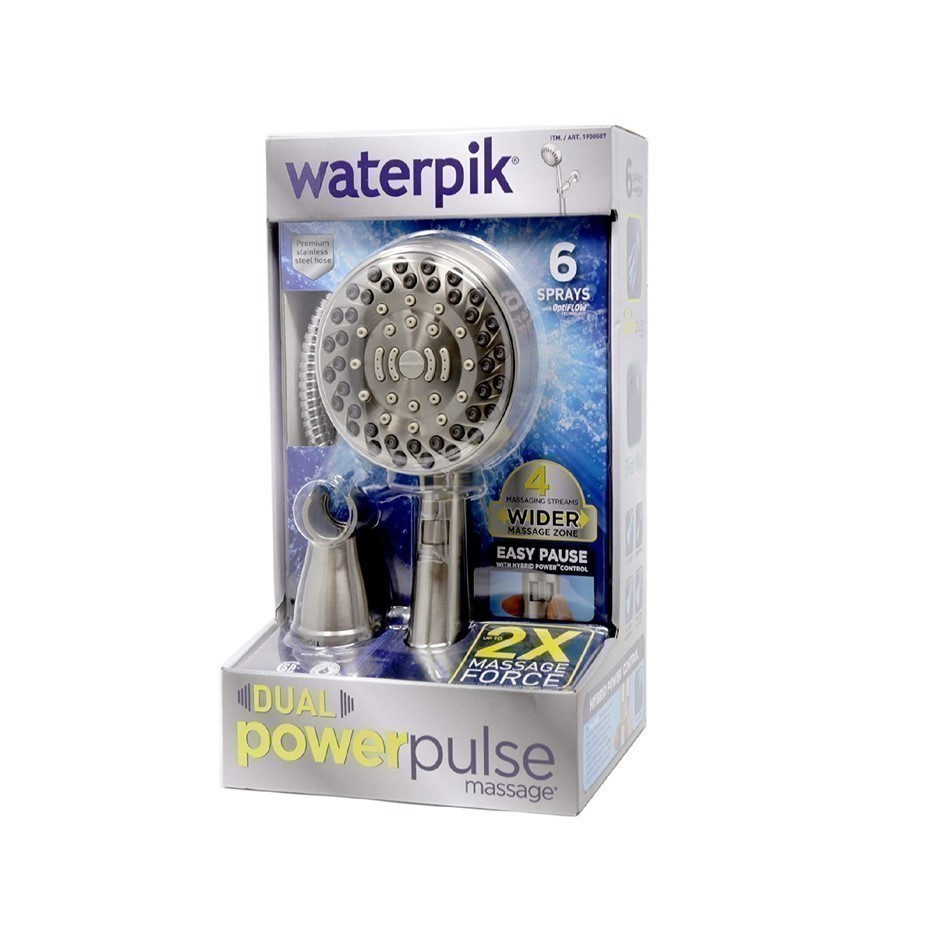 WATERPIK Dual Power Pulse Massage Shower Head. N.B. Damaged packaging.