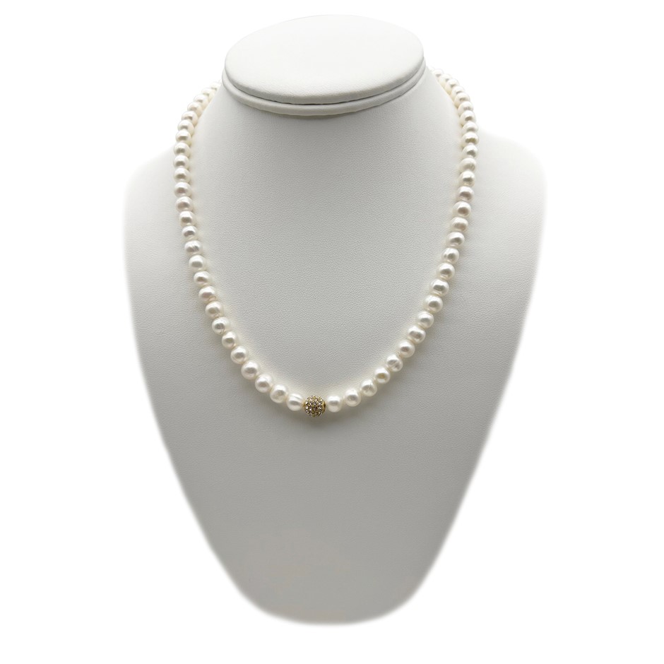 7 8mm White Freshwater Pearl And Rhinestone Real 18k Gold Plated Necklace