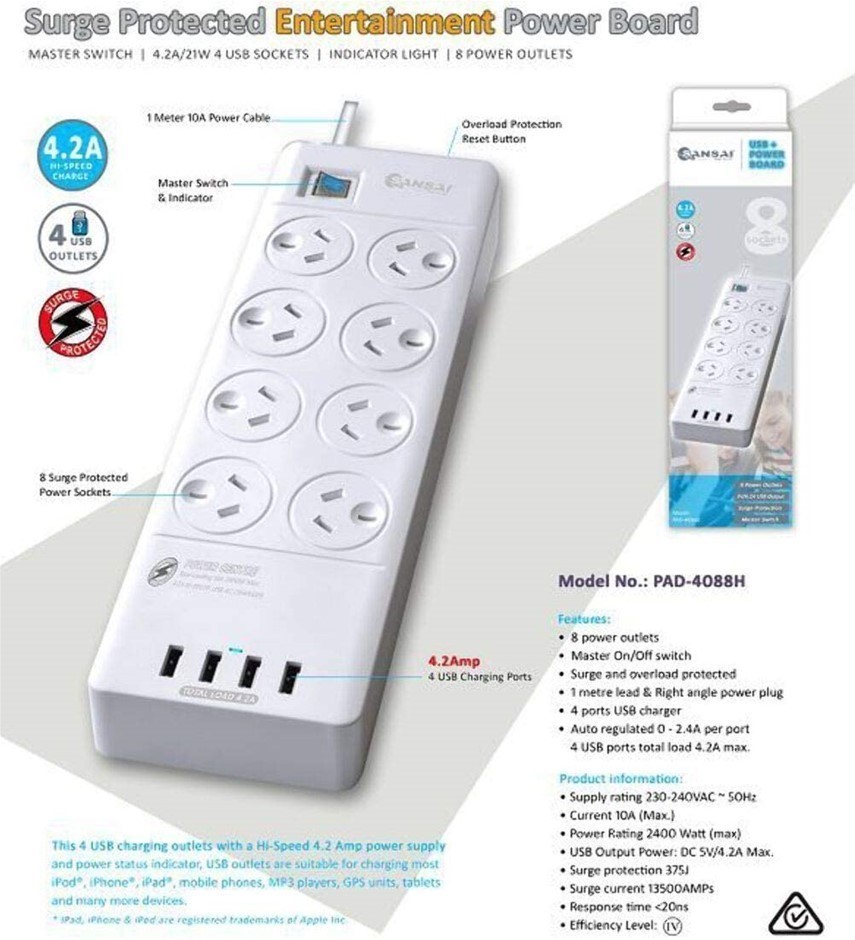 SANSAI Power Board 8 Way Power Board 8 Way Outlets Socket 4 USB Charging Ch