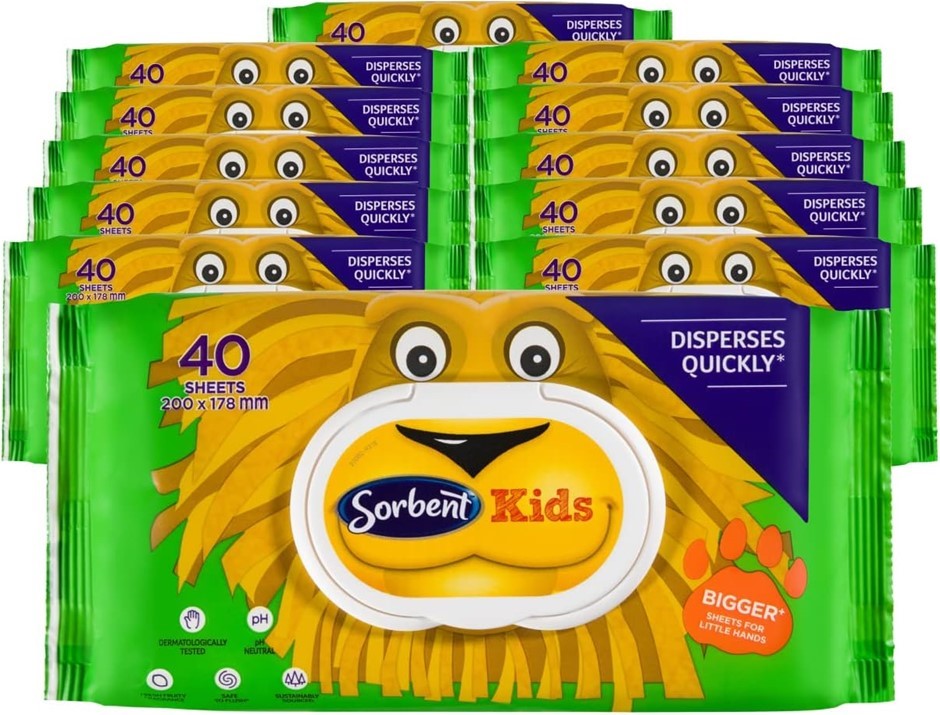 SORBENT Kids Flushable Wipes 40 Sheets (Pack of 12), White.