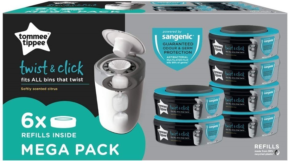 TOMMEE TIPPEE Twist and Click Nappy Disposal System Refill Cassettes (6 Pac