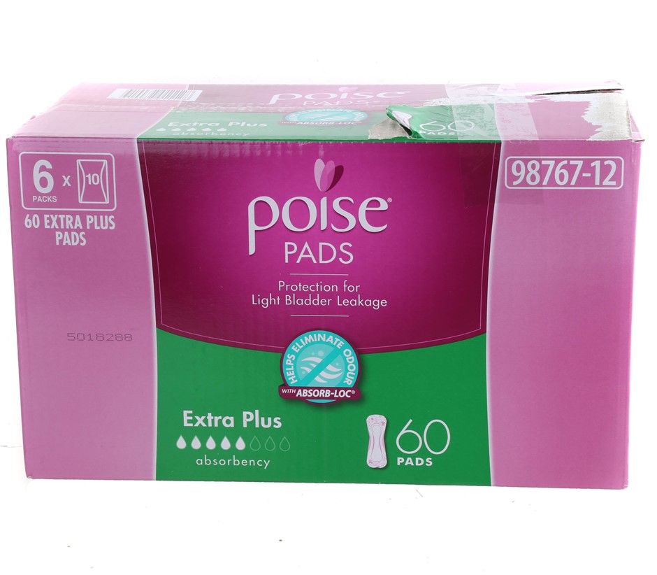 POISE 60pk Extra Plus Pads. NB: Damaged packaging & some may be missing ...