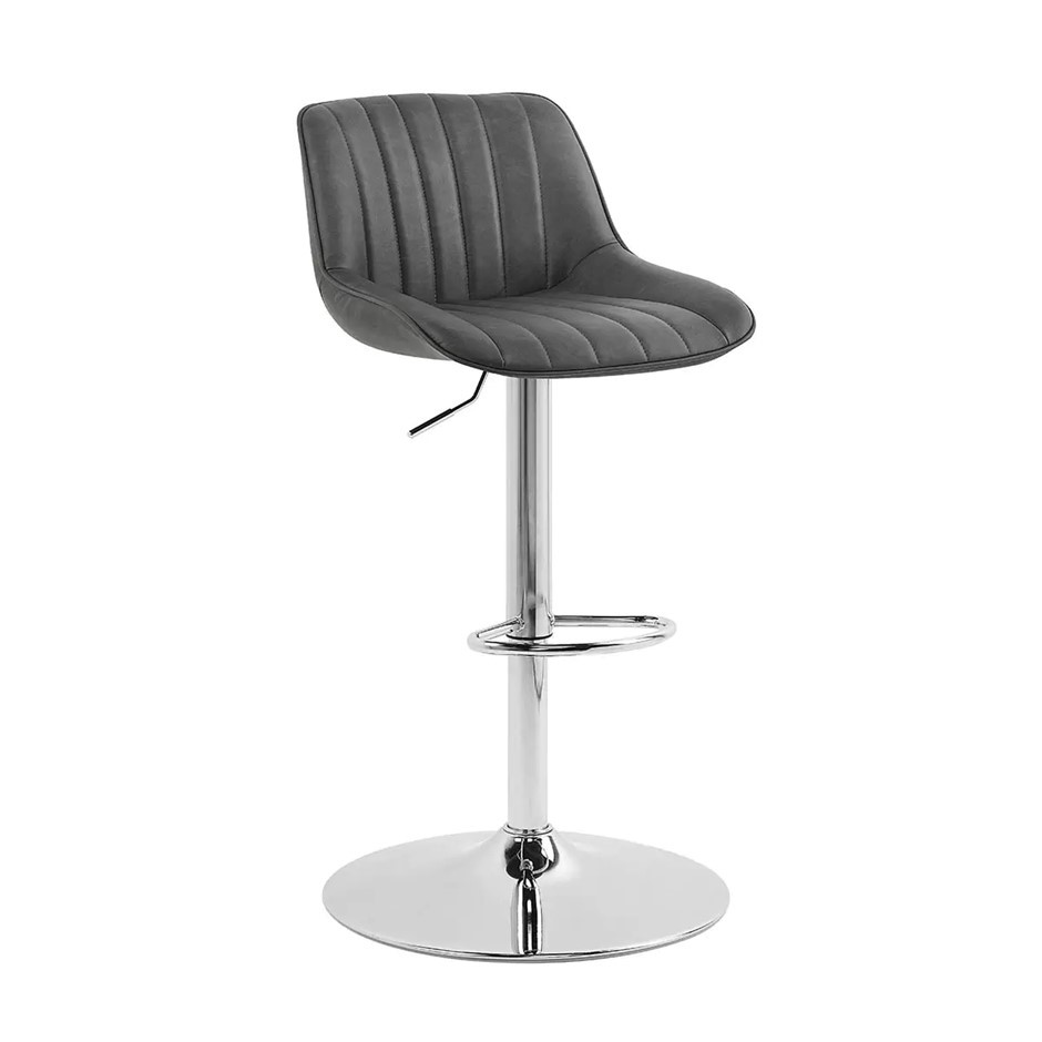 3 x BAYSIDE Bonded Leather Stitched Gas Lift Bar Stool, Grey & Chrome. NB: