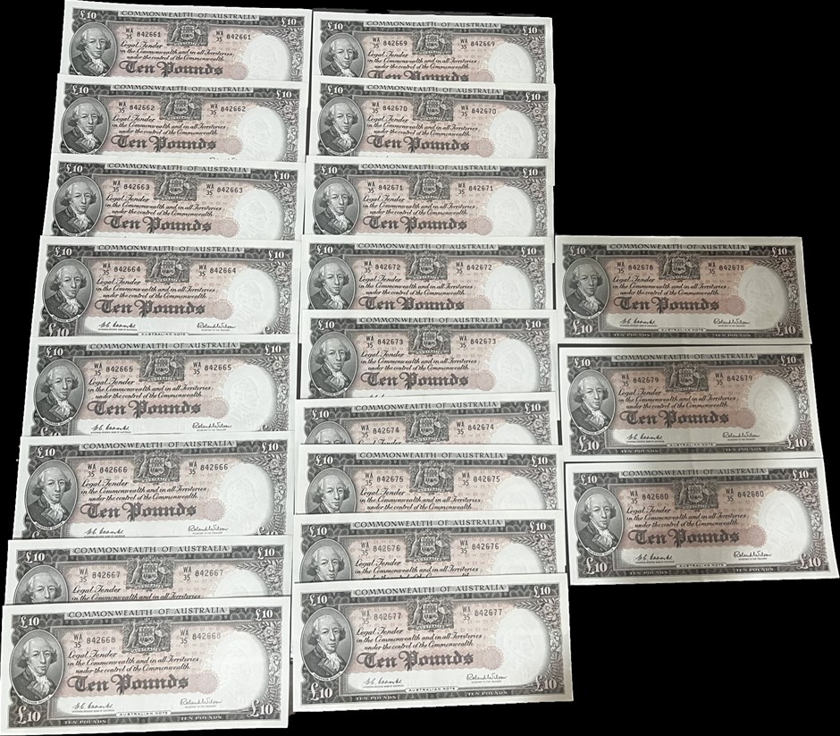 1960-Australia 10 Pound Consecutive Serial 20 Banknote 