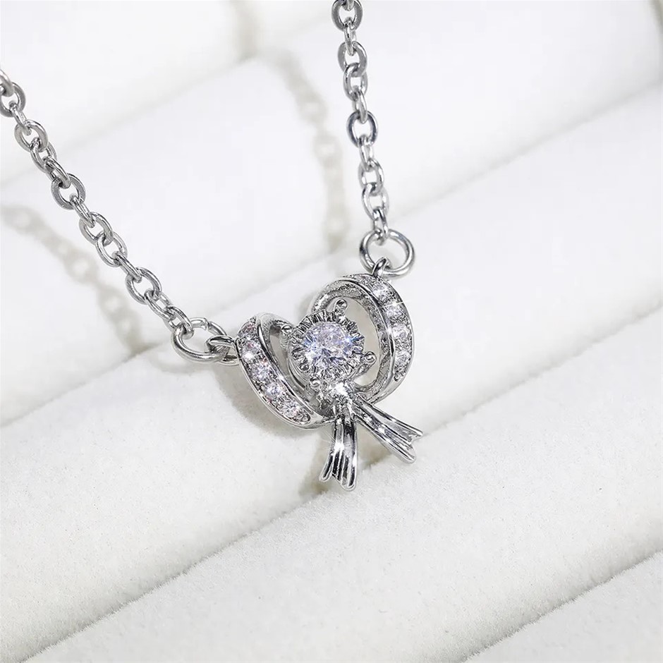 Elegant 18K White Gold plated Bow Shape White CZ Pendant Necklace
