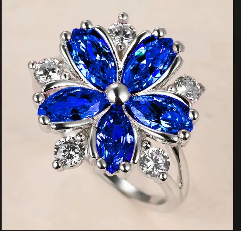 Elegant 18K White Gold plated Flower & Blue and White CZ  Rings Size 7