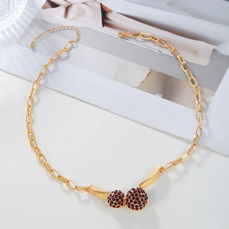Elegant 18K Yellow Gold plated Ball & Red CZ Necklace