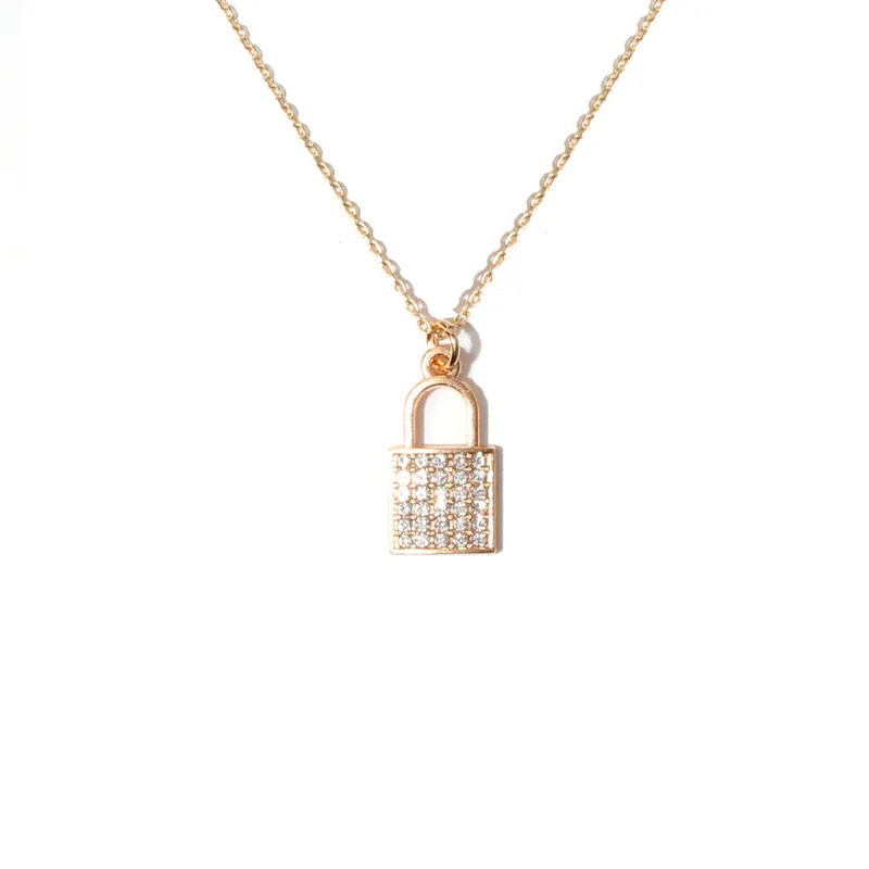 Elegant 18K Yellow Gold plated Lock & White CZ Necklace.