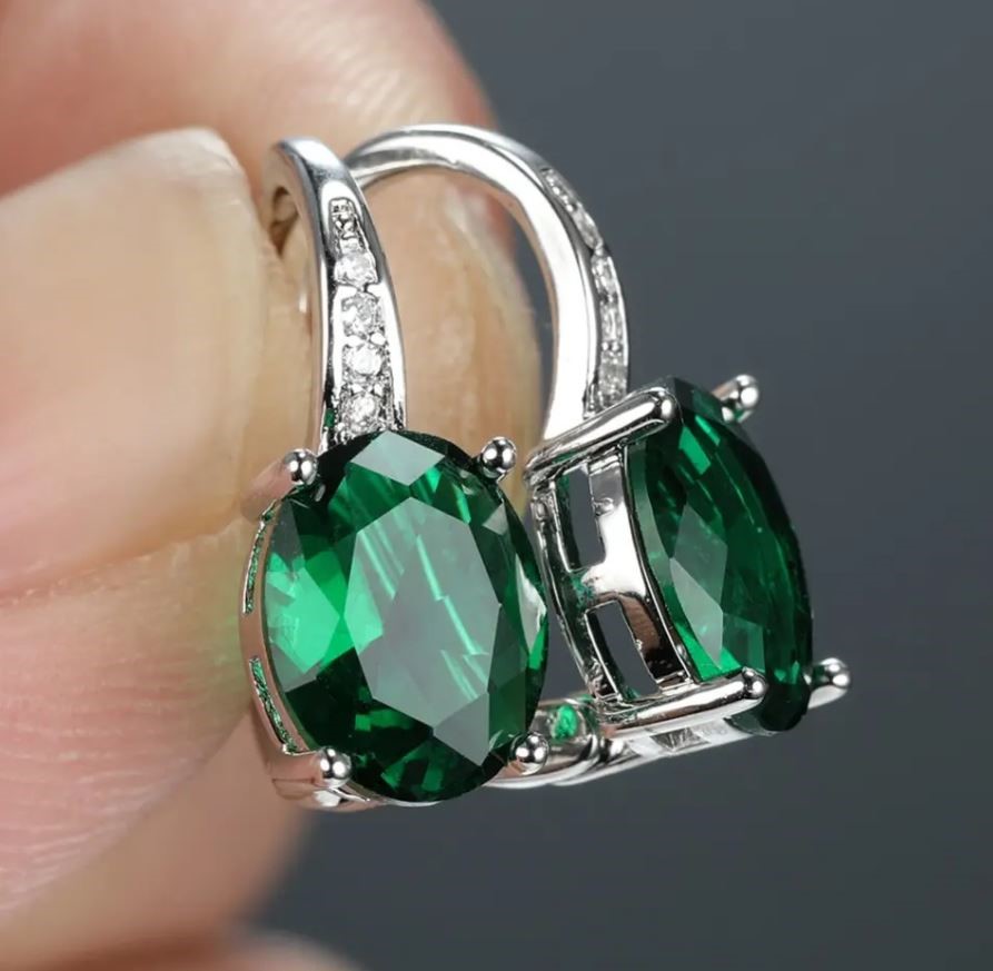 Elegant 18K White  Gold plated Simulated Emerald  & White Cz  Earrings