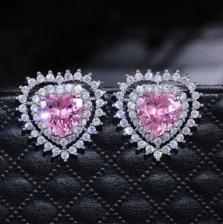 Elegant 18K White Gold plated Simulated Heart Pink Diamonds & White Cz Stud