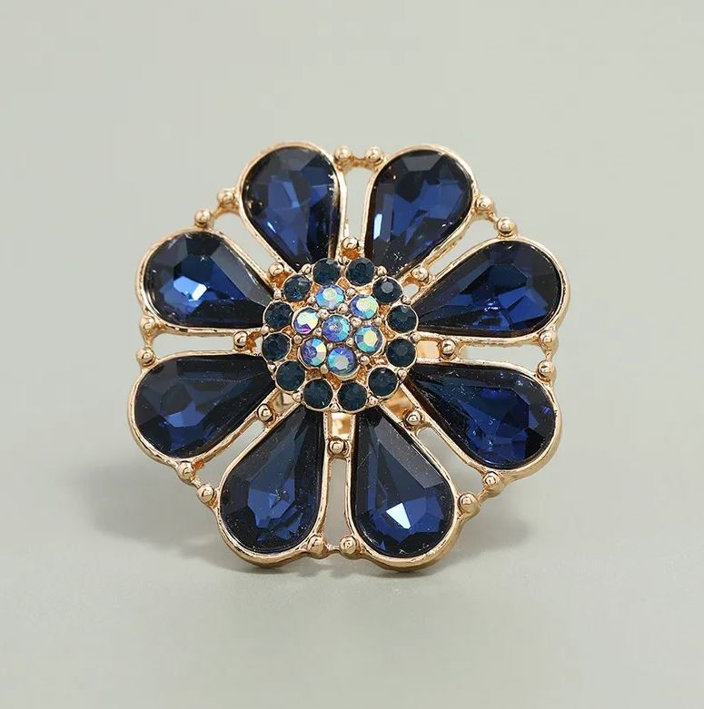 Elegant 18K Yellow Gold plated Flower & Blue CZ Ring Adjustable