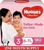 HUGGIES Ultra Dry Nappies Girls, Size 3 (6-11kg), One Month Supply 180 Coun