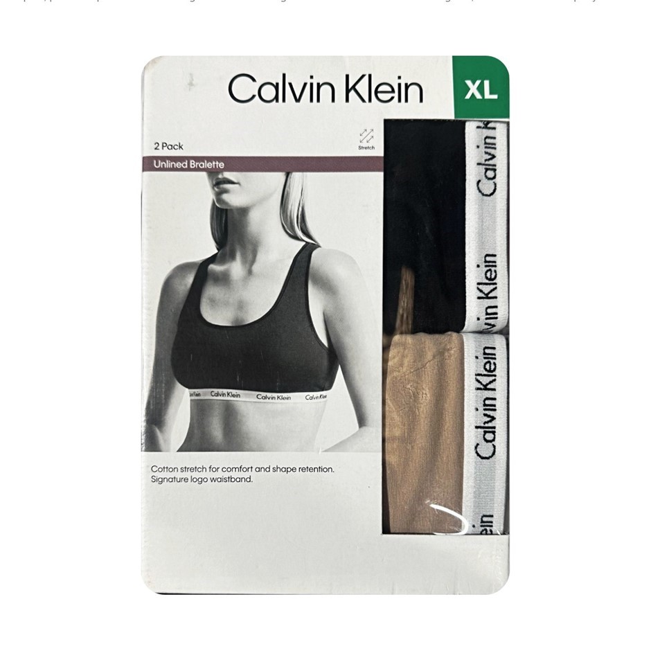 CALVIN KLEIN 2 Pack Unlined Bralette, X-Large, Black and Beige.