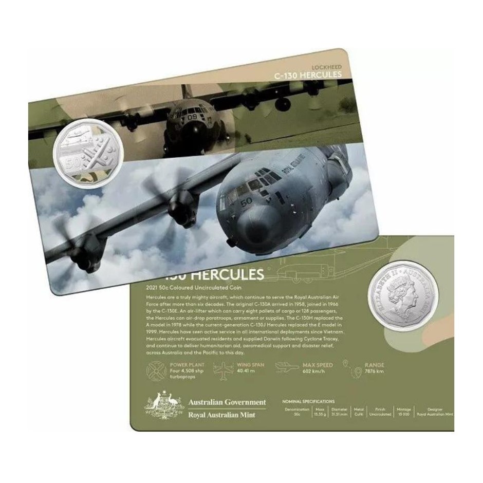 C130 Hercules Lockheed 2021 Uncirculated Carded 50c Coin Auction (0024 ...