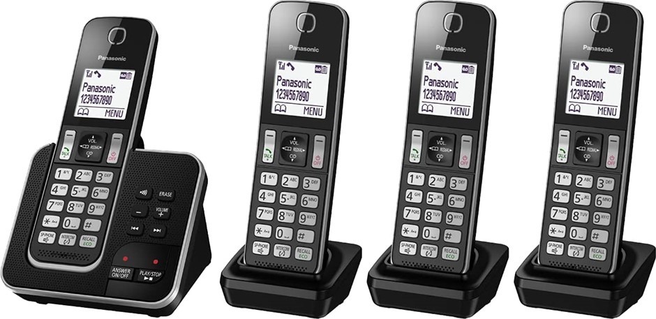 PANASONIC DECT Digital Cordless and 4 Handset (KX-TGD324ALB), Black/Silver.
