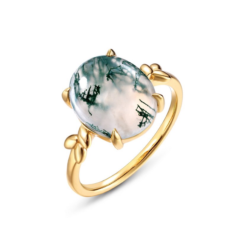 18k Yellow Gold Vermeil 1.00 Carat Natural Mossgate Rings Size 7