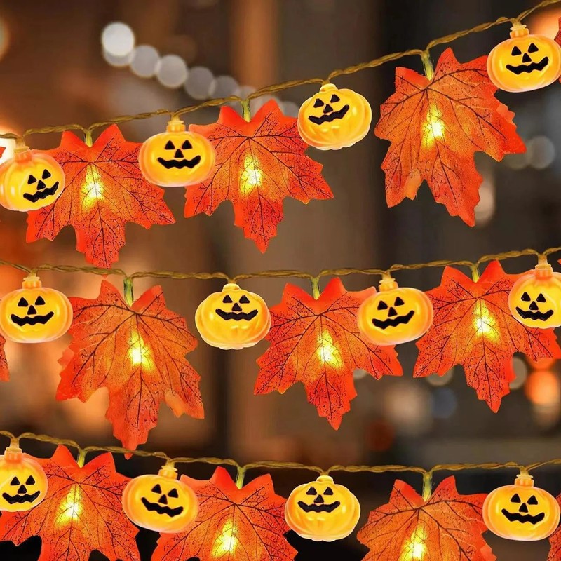 Autumn Maple Leaves Pumpkin Garland with LED