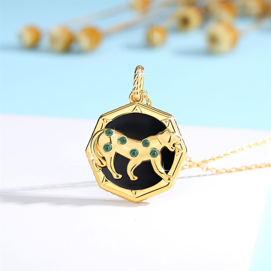 Solid 18K Yellow Gold Leopard/Black Onyx/21*30mm pendant & Free Necklace