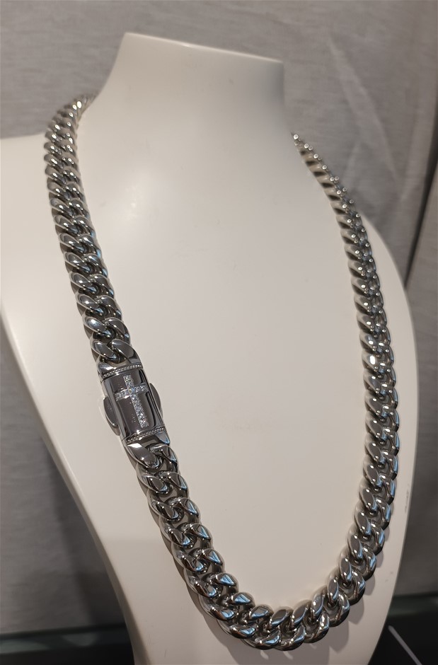 18k White Gold Filled Cuban Chain w/ Lab Simulated Diamond Clasp