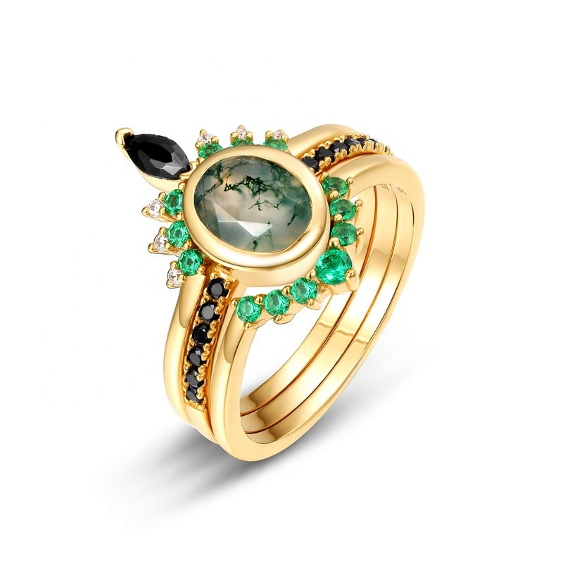 18k Yellow Gold Vermeil 1.00 Carat Natural Mossgate Rings Size 7